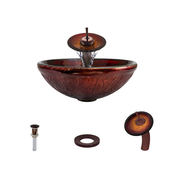 618 Red Lava Glass Bathroom Sink, with Oil-Rubbed Bronze Vessel Faucet, Sink Ring, and Vessel Pop-up