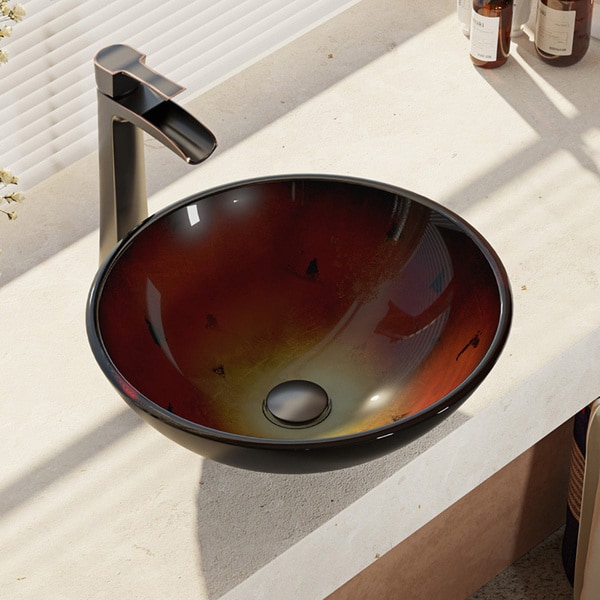 R5-5007-R9-7007 Foil Undertone Glass Vessel Sink with Faucet, Sink Ring, and Pop-up Dr