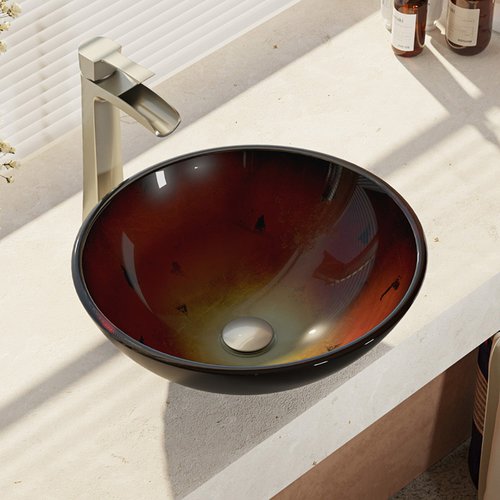 R5-5007-R9-7007 Foil Undertone Glass Vessel Sink with Faucet, Sink Ring, and Pop-up Dr