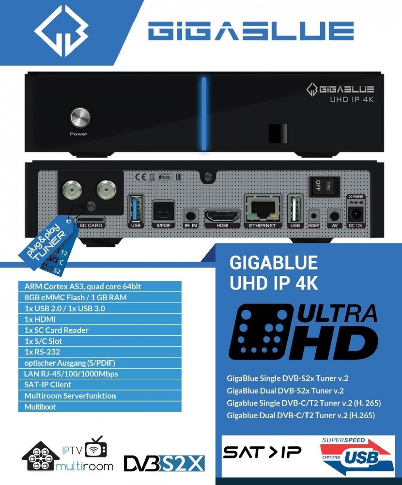 GigaBlue UHD IP 4K USB Hdmi SD Karte 1x Dvb-S2X Dual Tuner Multiroom Receiver