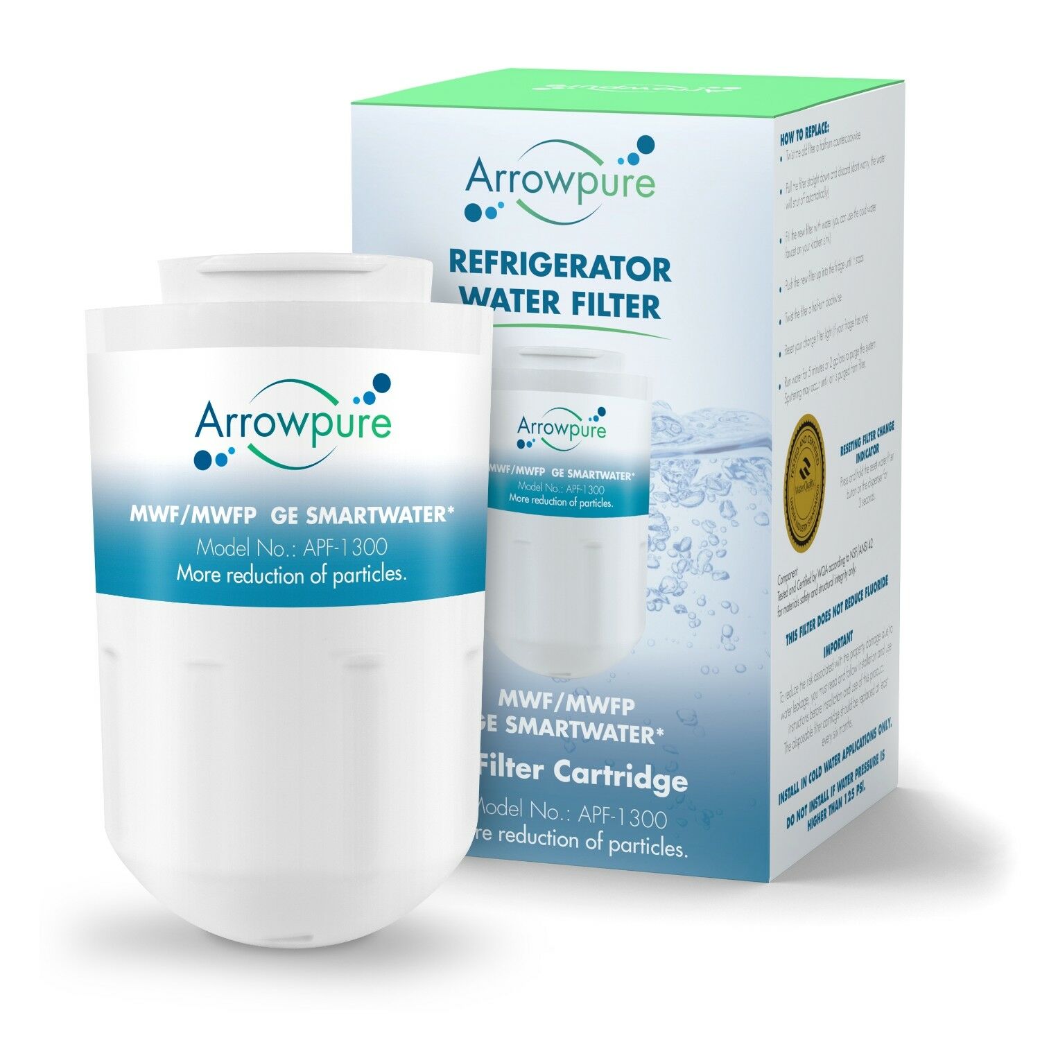 Arrowpure MWFP SmartWater Refrigerator Water Filter Replacement Cartridge  Certified According to NSF 42&372  Compatible with GE MWFINT, 9905, MWFAP,