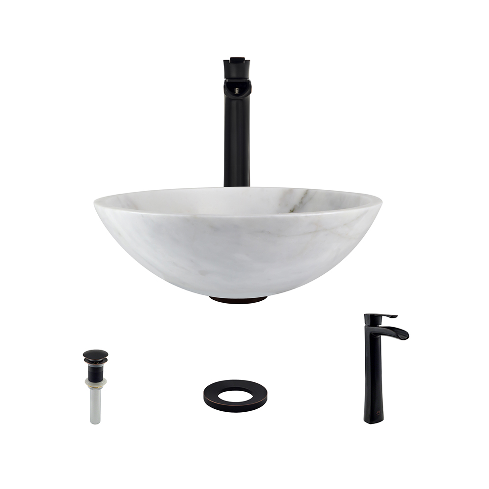 850-White Granite Vessel Sink with Faucet, Sink Ring, and Pop-up Drain in Antique Bronze