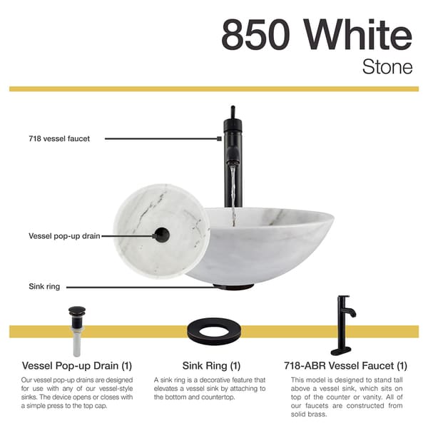 850-White Granite Vessel Sink with Faucet, Sink Ring, and Pop-up Drain in Antique Bronze