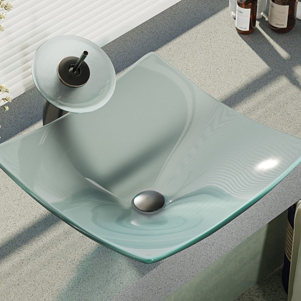 R5-5021-WF Frosted Glass Vessel Bathroom Sink with Waterfall Faucet, Sink Ring, and Pop-up Drain