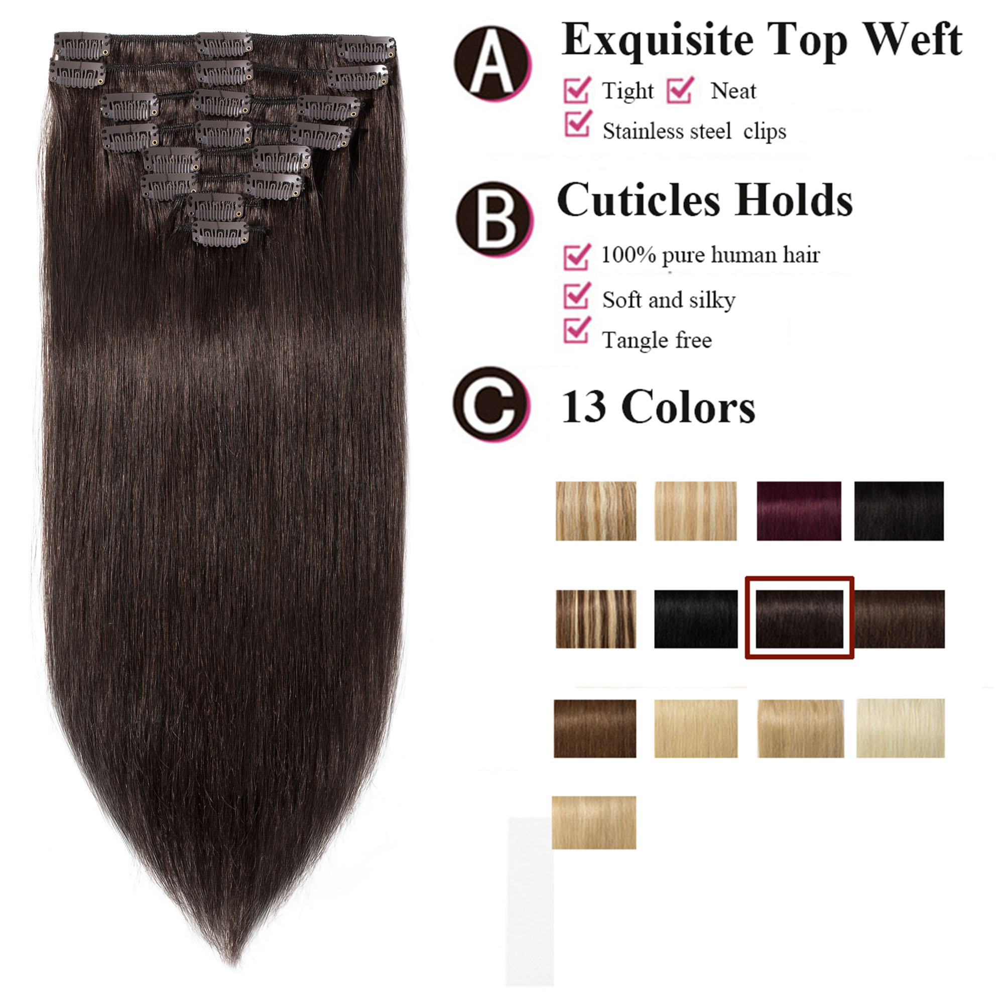 S-noilite Thick Human Hair Clip in Real Remy Human Hair Extensions 8 Pcs/18 Clips Straight Full Head Hair