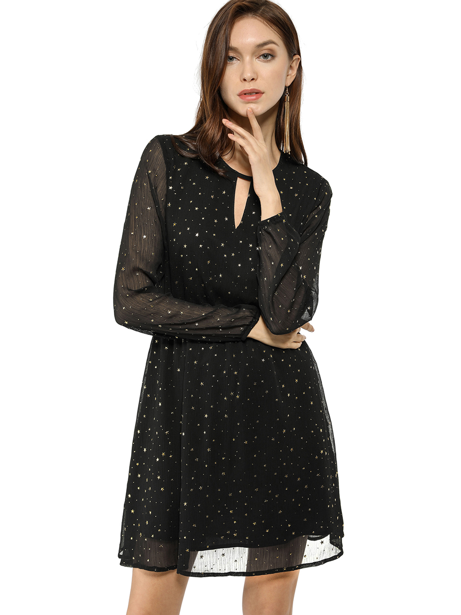 Allegra K Juniors Gilding Star Choker V Neck Long Sleeves Above Knee Dress