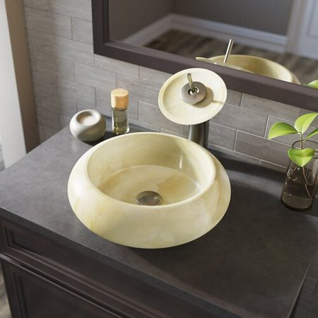 856 White Onyx Vessel Sink with Faucet and Pop-up Drain in Brushed Nickel