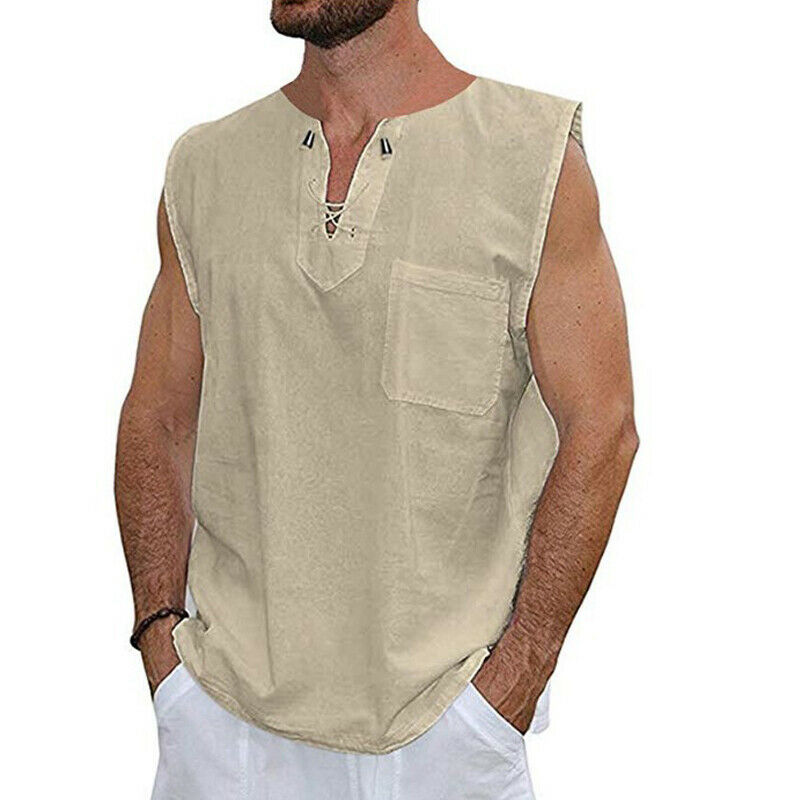 Calsunbaby Men Baggy Shirt Cotton Linen Tee Hippie Sleeveless Yoga Tops Khaki XXL