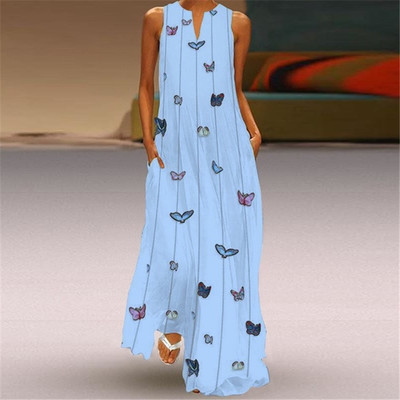 Women S Casual Bohemian Butterfly Print Long Dress Sleeveless Pockets V Neck Maxi Dress Summer Beach Dresses Size S-5XL