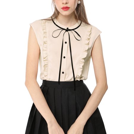 Allegra K Junior S Cute Tie Neck Sleeveless Ruffle Button Down Shirt