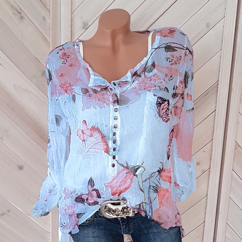 Women S Long Sleeve Printed Shirt V-neck Button Top Chiffon Shirt