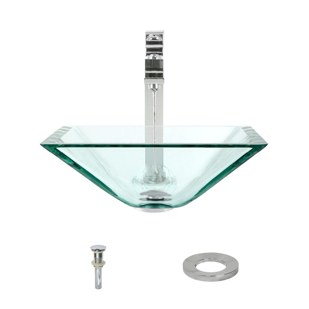 603 Crystal Glass Vessel Sink, with Chrome Vessel Faucet, Sink Ring, and Vessel Pop-up Drain