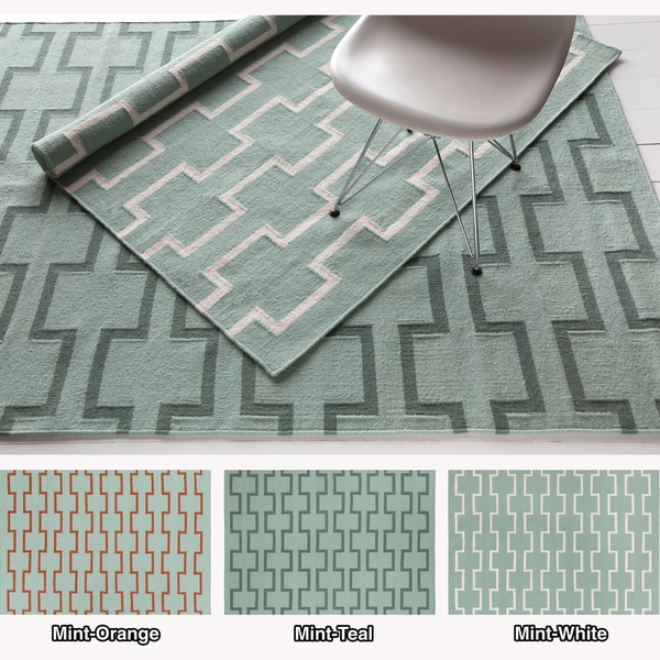 Artist's Loom Handmade Flatweave Contemporary Reversible Wool Rug - 7' X 10' (Mint/Orange)