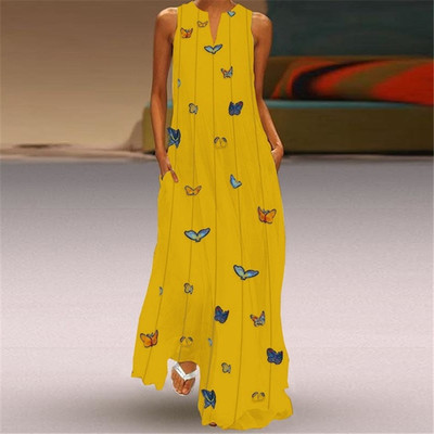 Women S Casual Bohemian Butterfly Print Long Dress Sleeveless Pockets V Neck Maxi Dress Summer Beach Dresses Size S-5XL