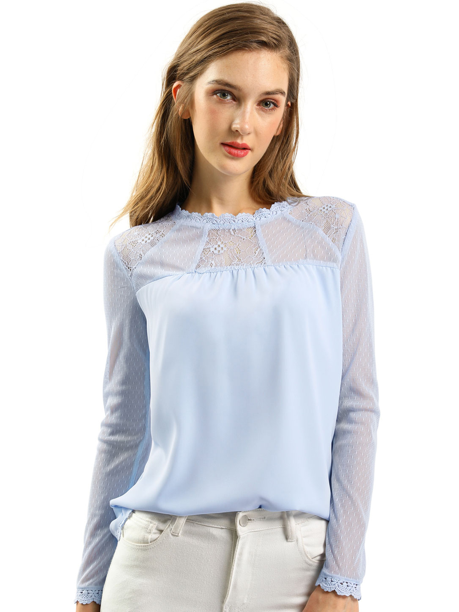 Allegra K Junior S Lace Floral Panel Long Sleeves Blouse