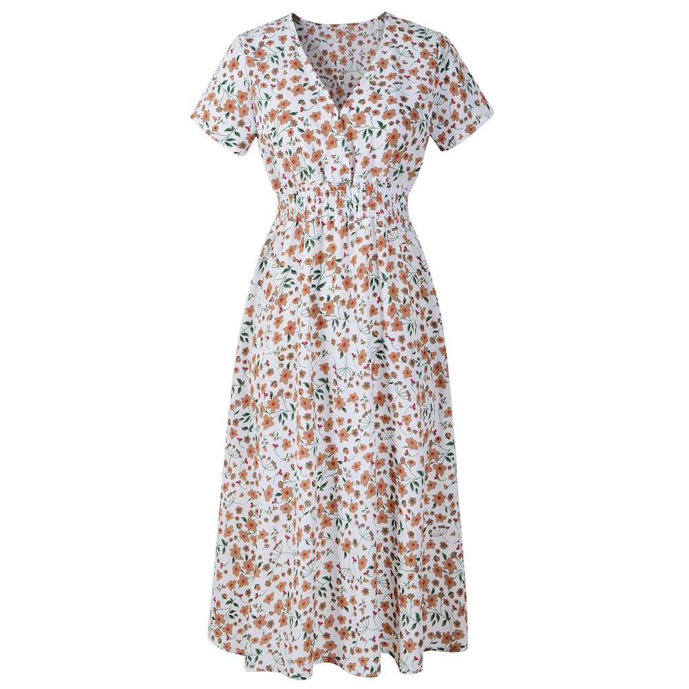 Women S Chiffon Beach Printed V-neck Short-Sleeved Dress