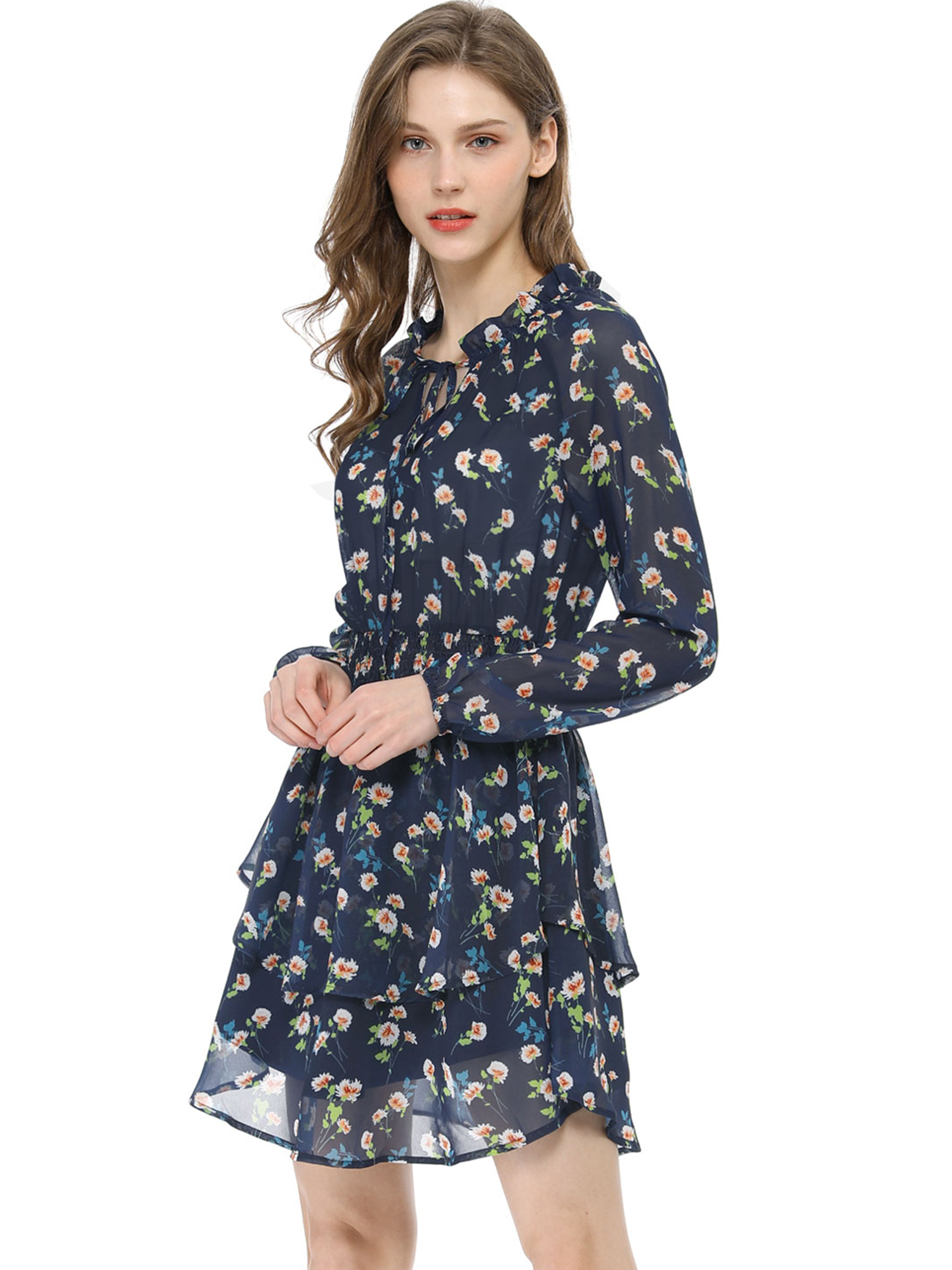 Allegra K Juniors Floral Printed Smocked Waist V Neck Long Sleeve Chiffon Dresses
