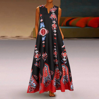 Women Summer Plus Size Casual Linen Loose Sleeveless Printed Long Dress