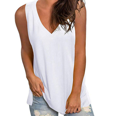 Women Pure Color Loose V-neck Sleeveless T-shirt Top