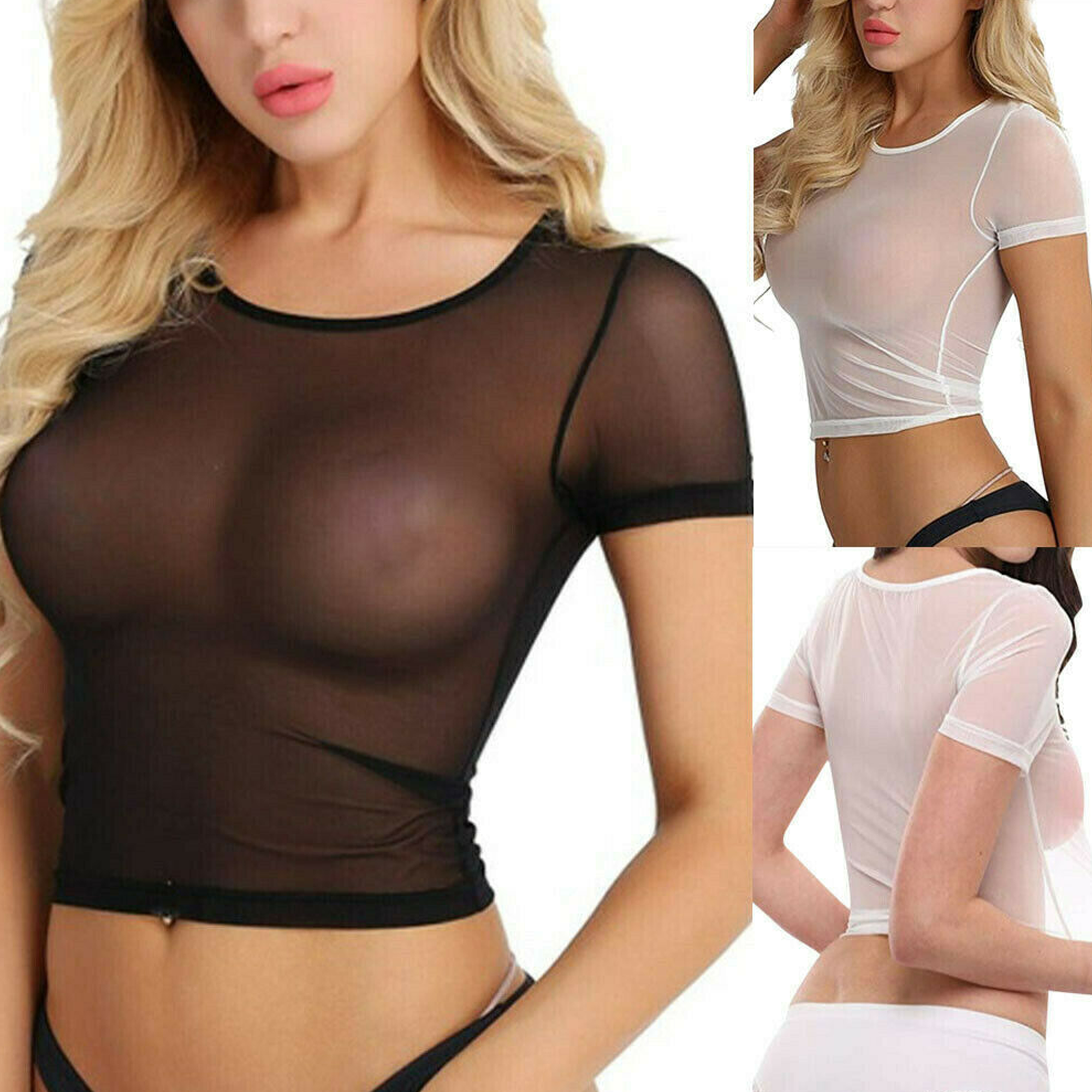 Womens Mesh Sheer See-through Tank Crop Top Casual T-Shirt Blouse Tee Tops