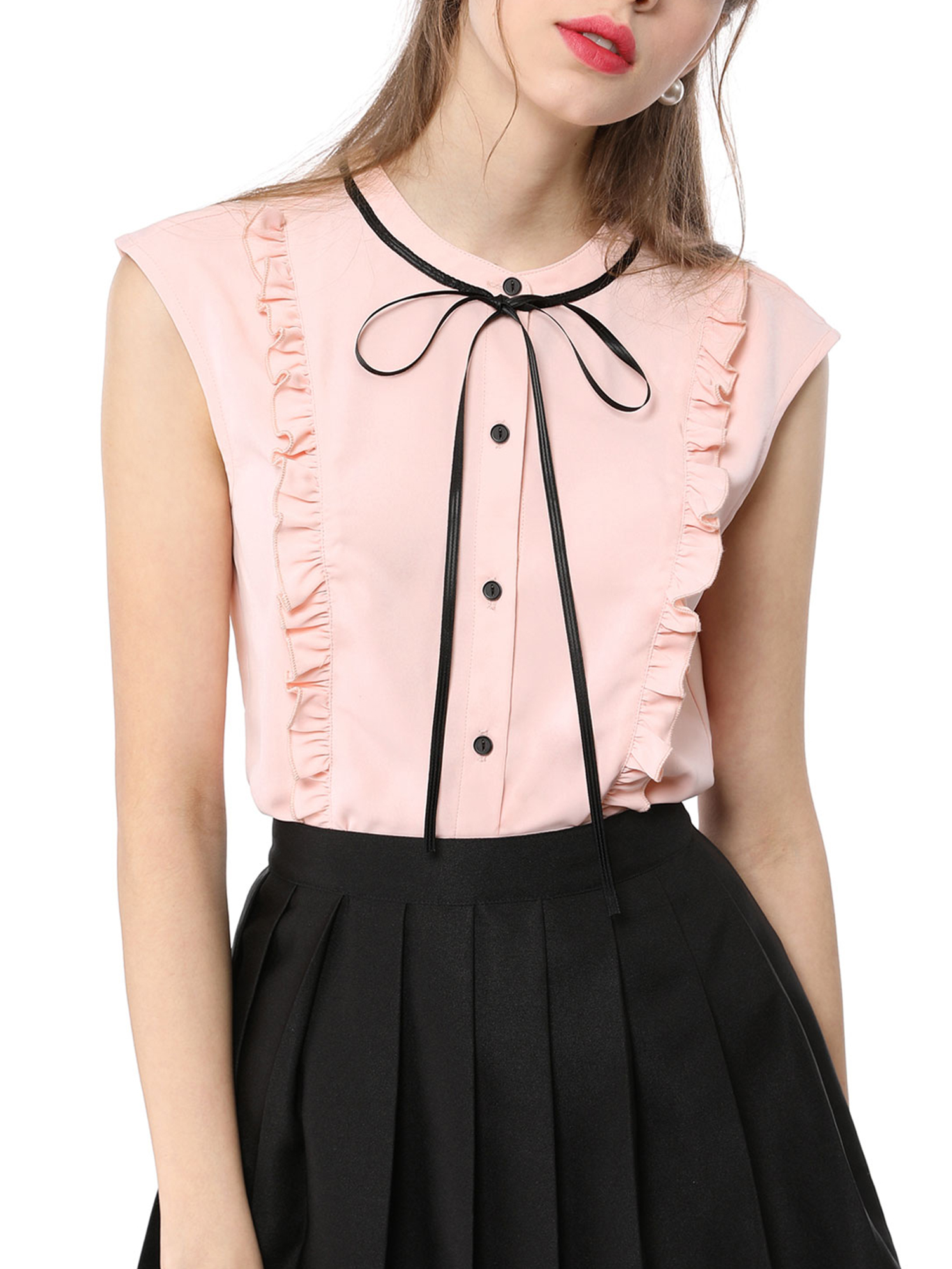 Allegra K Juniors Tie Neck Cap Sleeve Button Down Ruffle Summer Shirts