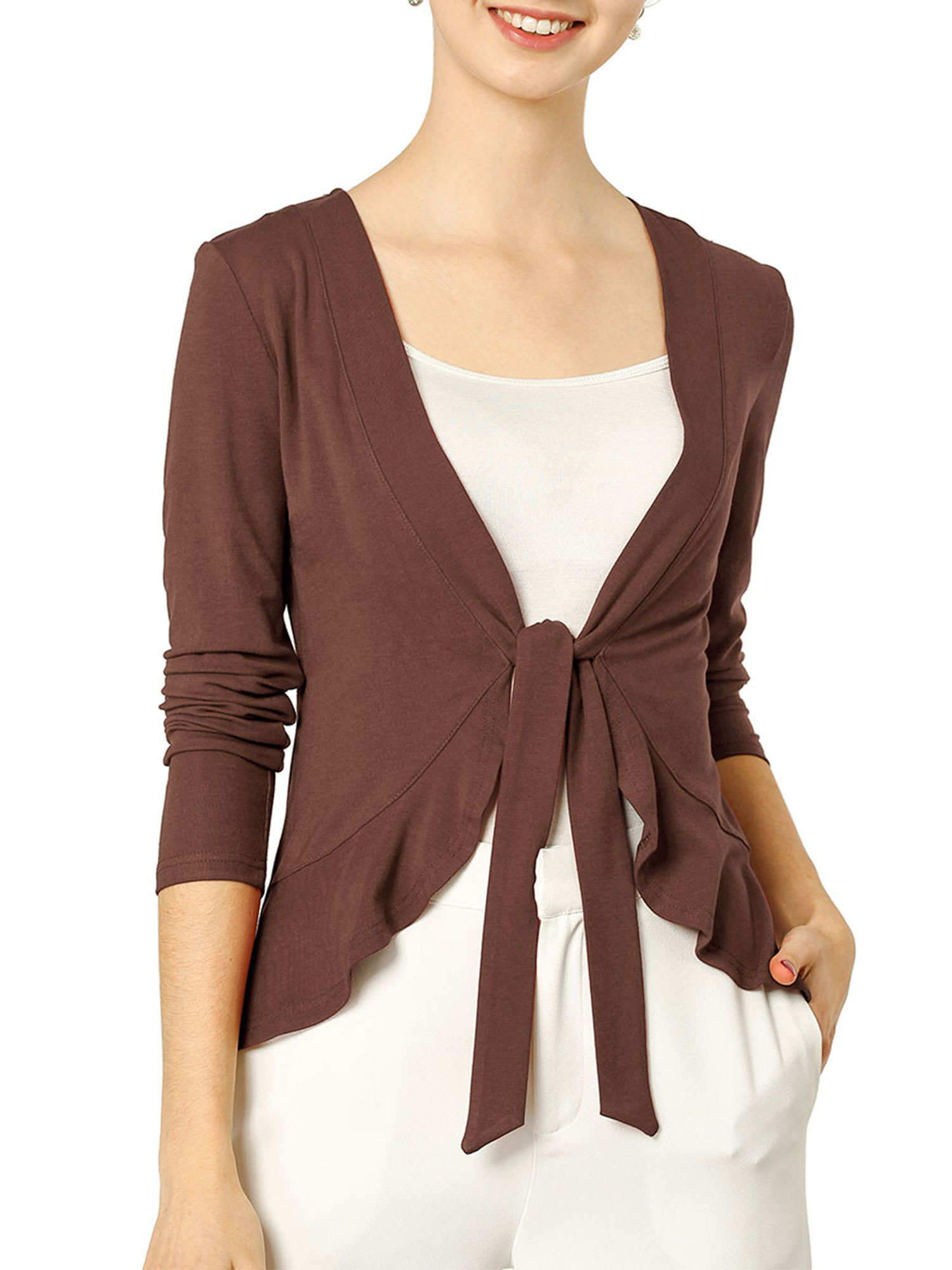 Allegra K Women S Open Tie Crop Knit Metallic Ruffled Cardigan