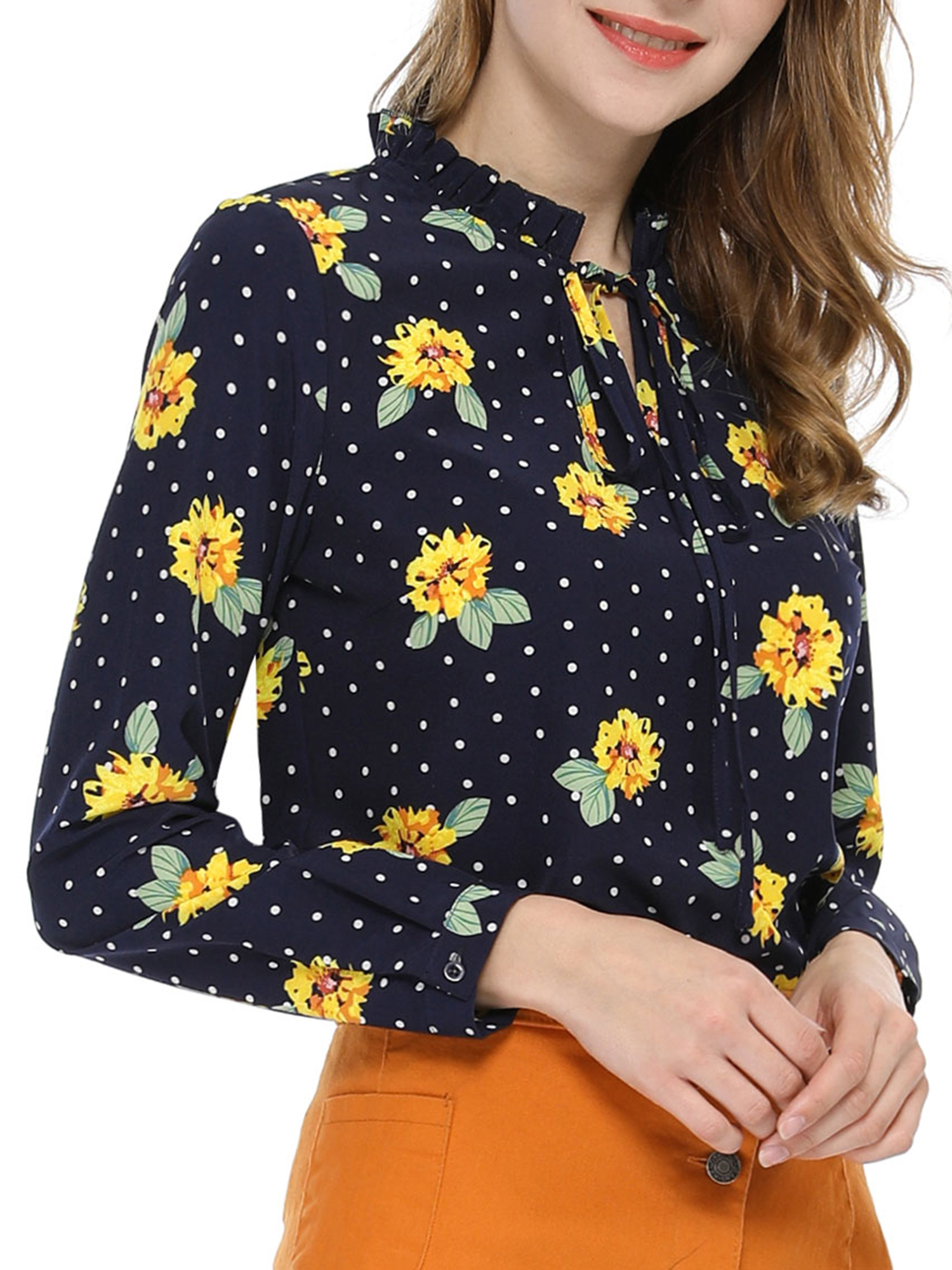 Allegra K Junior S Ruffled Tie Neck Polka Dots Floral Blouse