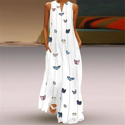 Women S Casual Bohemian Butterfly Print Long Dress Sleeveless Pockets V Neck Maxi Dress Summer Beach Dresses Size S-5XL