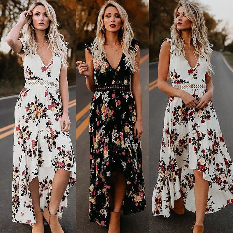 Women Summer Vintage Boho Long Maxi Dress Party Beach Dress Floral Sundress