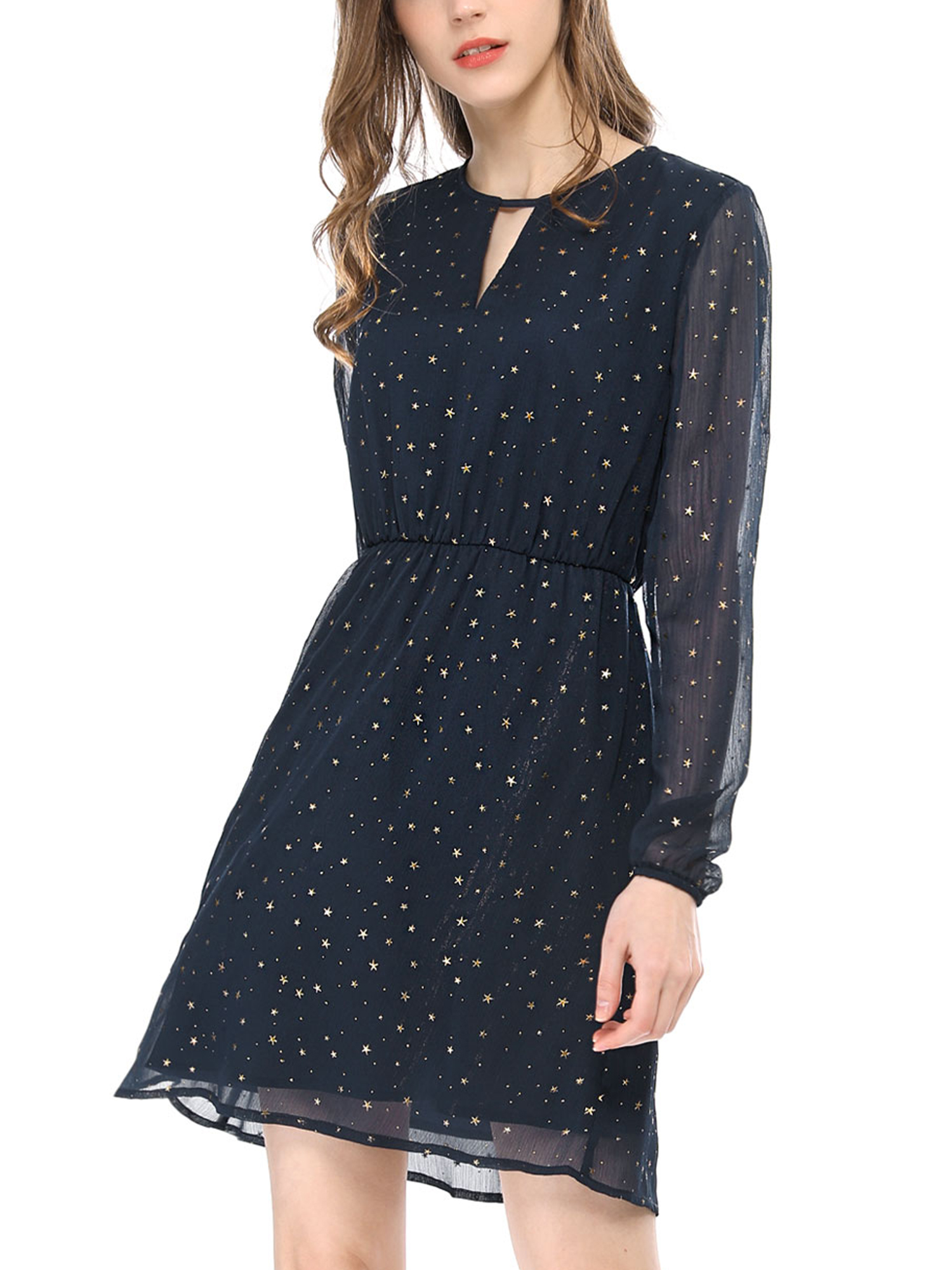 Allegra K Juniors Gilding Star Choker V Neck Long Sleeves Above Knee Dress
