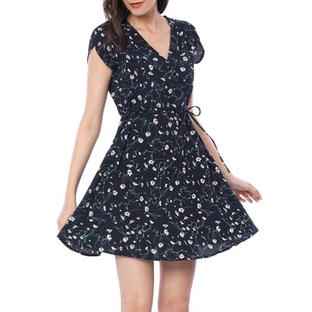 Allegra K Juniors Floral Crossover V Neck Petal Sleeves Belted Dress