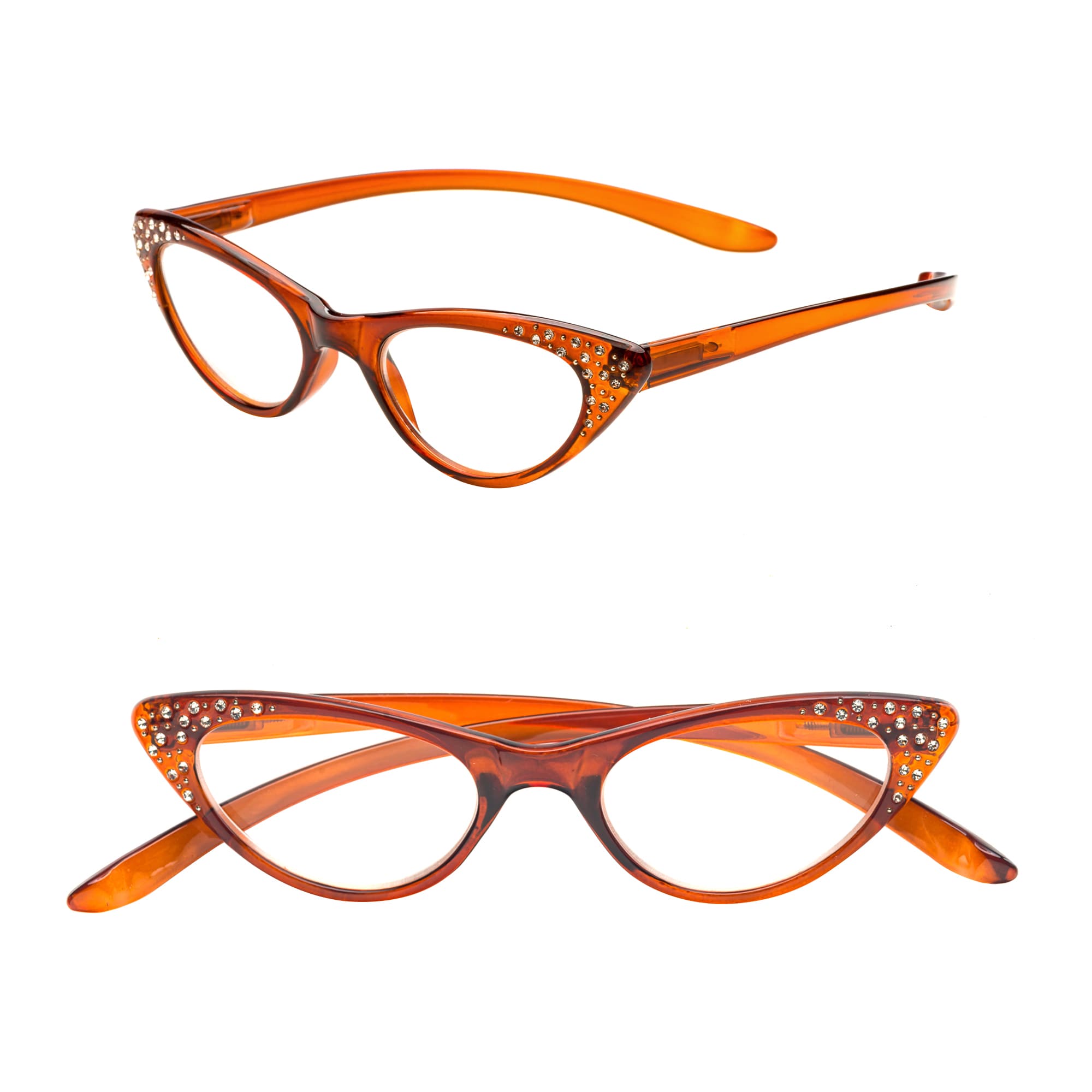 POP Fashionwear  R208 Unisex Plastic and Rhinestone Spring-hinge Cat-eye Long-arm Readers Brown 1.75