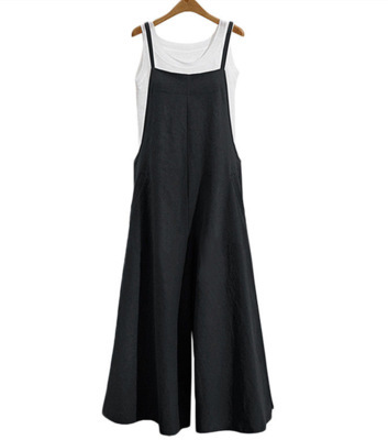 Women Loose Solid Color Strap Wide Leg Pants Casual Jumpsuit