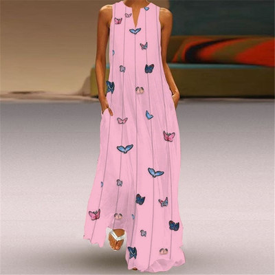 Women S Casual Bohemian Butterfly Print Long Dress Sleeveless Pockets V Neck Maxi Dress Summer Beach Dresses Size S-5XL