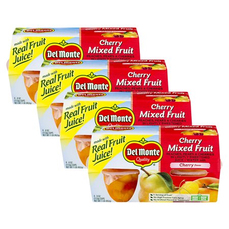 (4 Pack) Del Monte Cherry Mixed Fruit in Lightly Sweetened Juice + Water, 4 Oz Cup, 4 Count Box