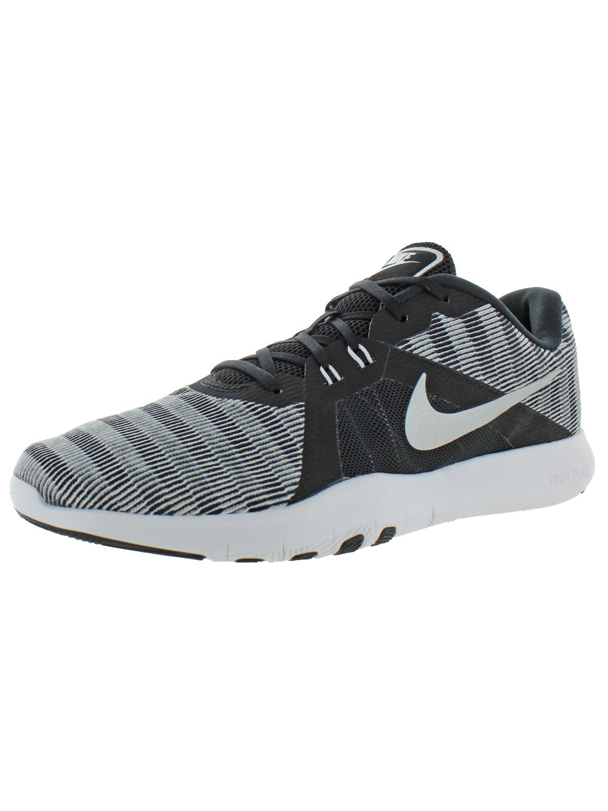 Nike Womens Flex Trainer 8 Print Running, Cross Training Shoes Knit Printed - Black/Metallic Silver-White - 10 Medium (B,M)