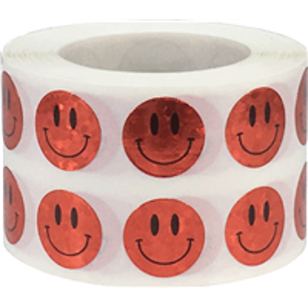 Red Sparkle Holographic Circle Happy Face Stickers  0.5 Inch Round  1000 Labels on a Roll