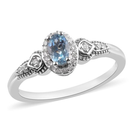 925 Sterling Silver Platinum Plated Blue Aquamarine Natural White Zircon Halo Ring Jewelry for Women Size 9 Ct 0.5 Mothers Day Gifts