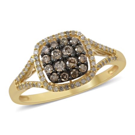 925 Sterling Silver Vermeil Yellow Gold Rhodium Plated Round Champagne White Diamond Ring Jewelry for Women Ct 0.5 H-I Color I3 Clarity