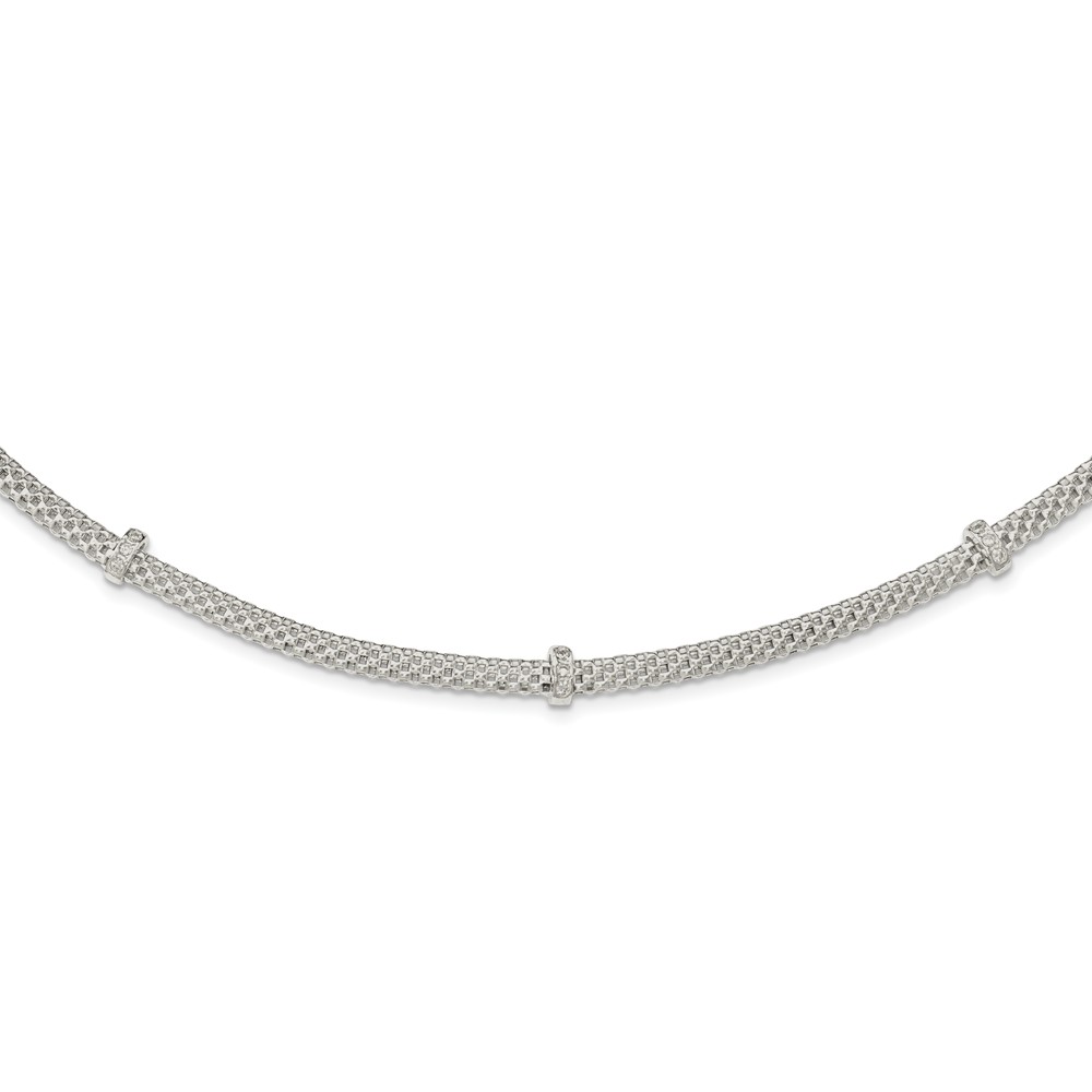 Solid 925 Sterling Silver Mesh with CZ Cubic Zirconia Stations 1in Extension Pendant Necklace Charm Chain - with Secure Lobster Lock Clasp 17