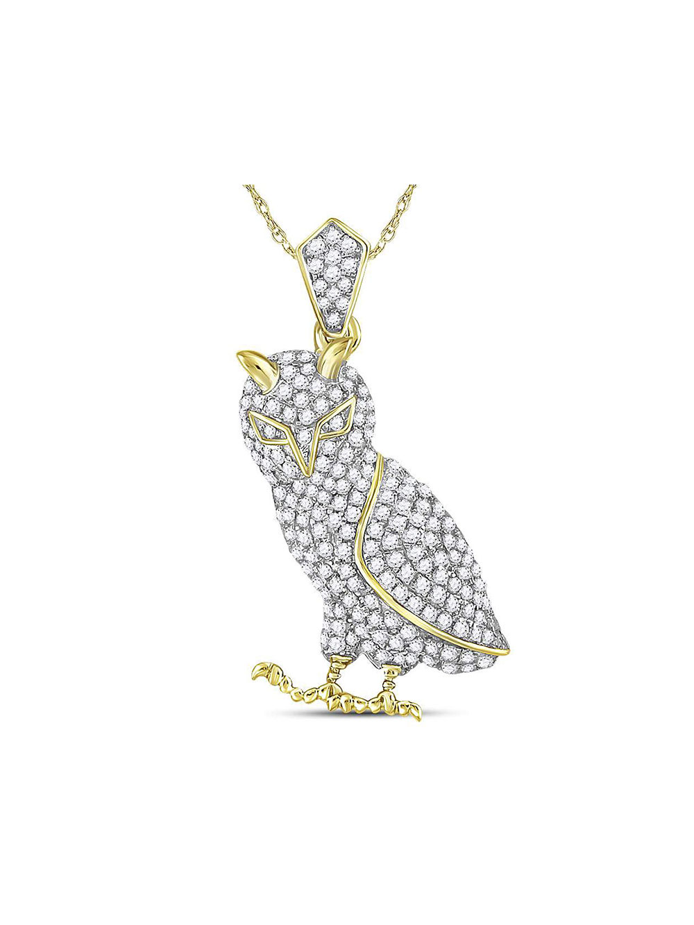 Solid 10k Yellow Gold Men S Round Diamond Owl Bird Animal Charm Pendant 1.00 Ct.