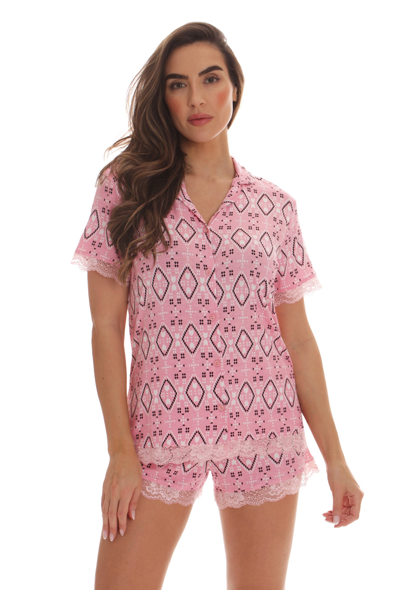 #followme Rayon Spandex Pajama Short Sets PJs Sleepwear 6858-10353-3X (Coral - Aztec  Small)