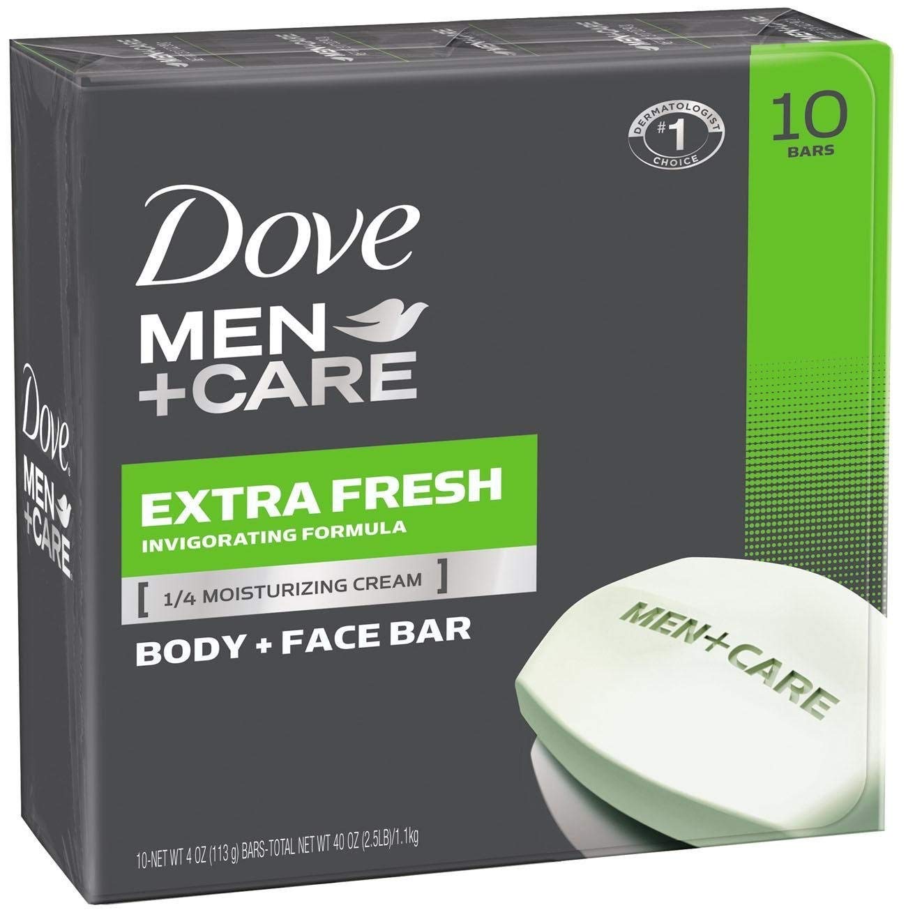 Dove Men+Care Body and Face Bar to Clean and Hydrate Skin Extra Fresh Body and Facial Cleanser More Moisturizing Than Bar Soap 4 Oz, 10 Bars