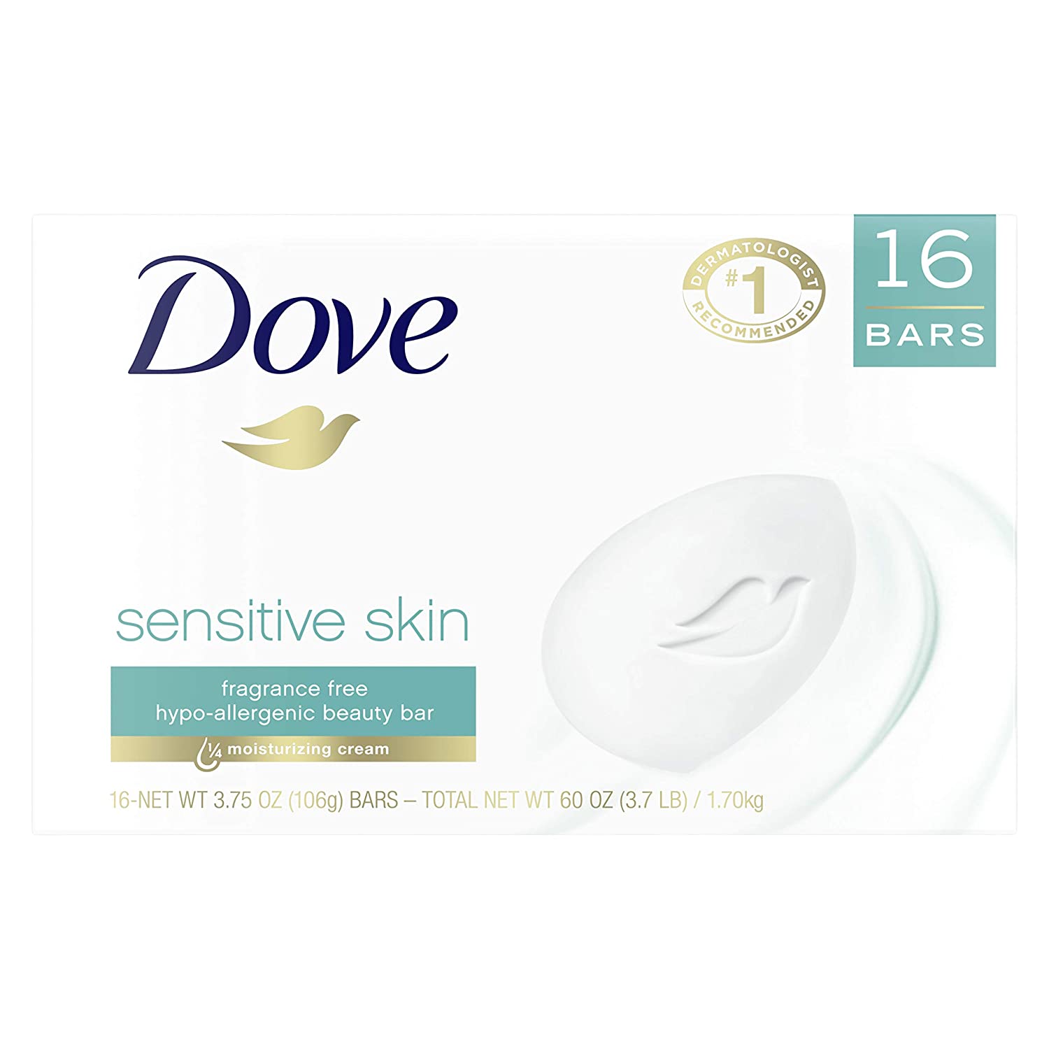 Dove Beauty Bar More Moisturizing Than Bar Soap Sensitive Skin Effectively Washes Away Bacteria  Nourishes Your Skin  (16 Count of 3.75 Oz Bars Each)