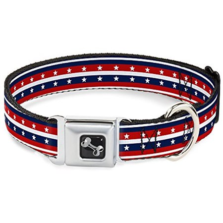 Dog Collar Seatbelt Buckle Americana Stripe Stars2 Blue Red White 9 to 15 Inches 1.0 Inch Wide