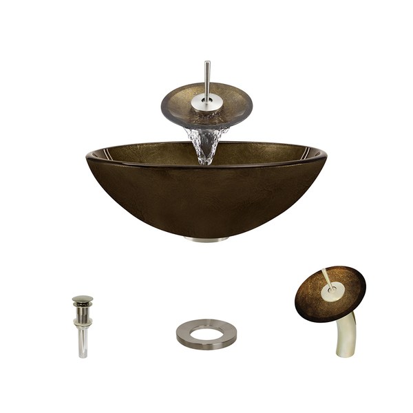 637 Foil Undertone Glass Vessel Sink, with Brushed Nickel Vessel Faucet, Sink Ring, and Vessel Pop-up Drain