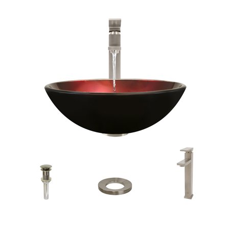 607 Foil Undertone Glass Vessel Sink, with Brushed Nickel Vessel Faucet, Sink Ring, and Vessel Pop-up Drain