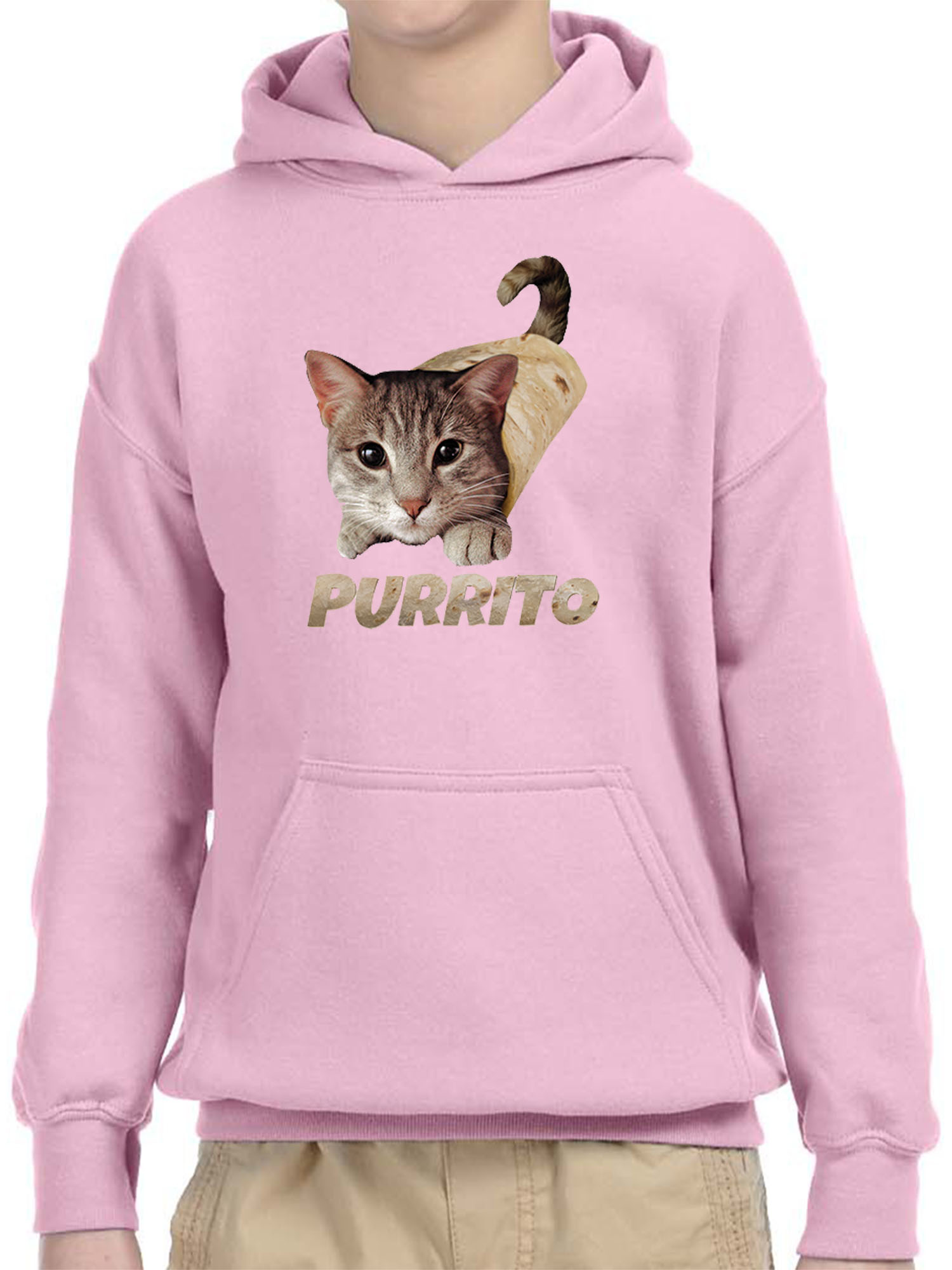 Trendy USA 1507 - Youth Hoodie Purrito Burrito Kitty Cat Lovers Taco Spicy Funny Unisex Pullover Sweatshirt Medium Light Pink