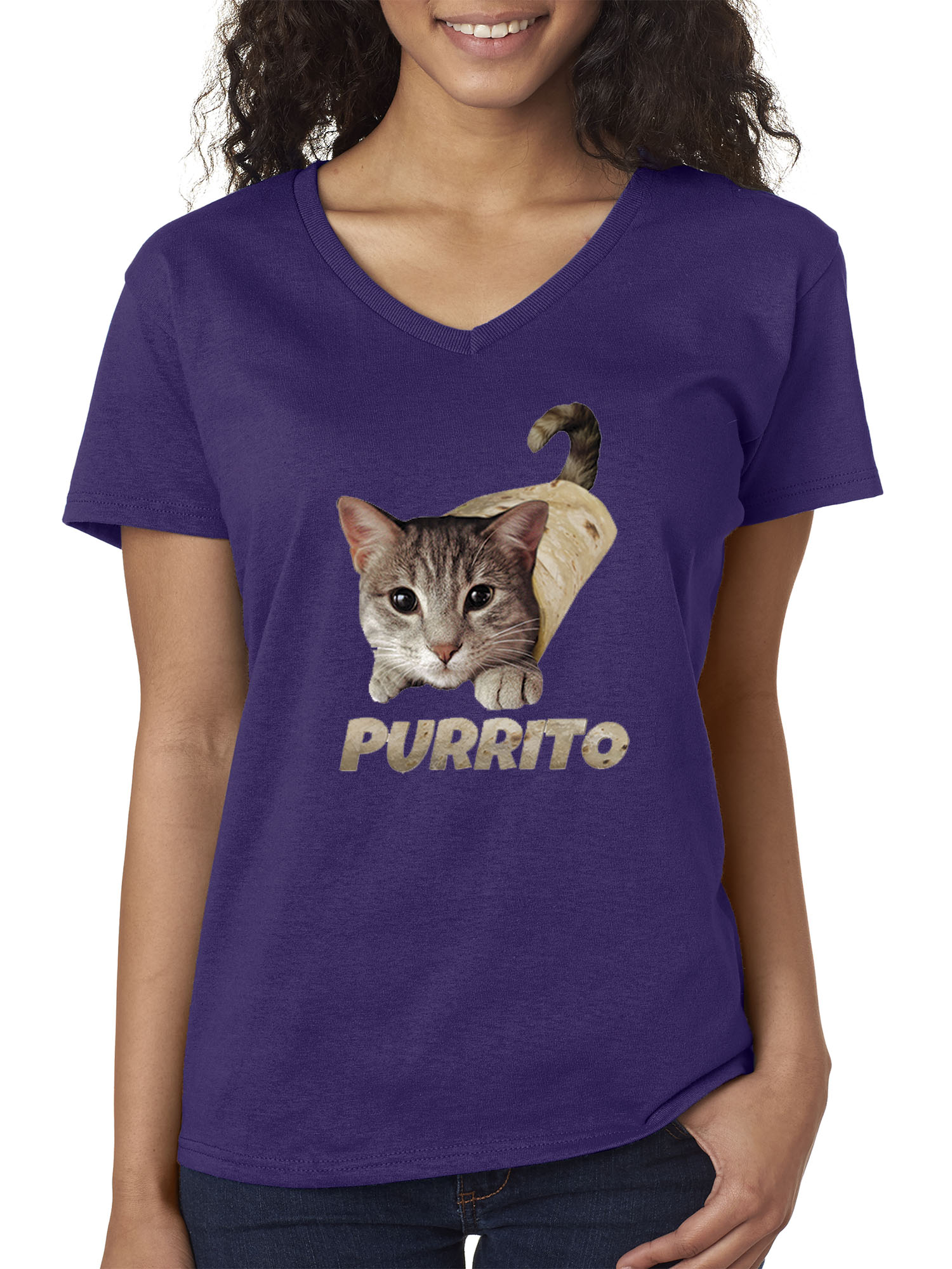 Trendy USA 1507 - Women's V-Neck T-Shirt Purrito Burrito Kitty Cat Lovers Taco Spicy Funny XL Purple