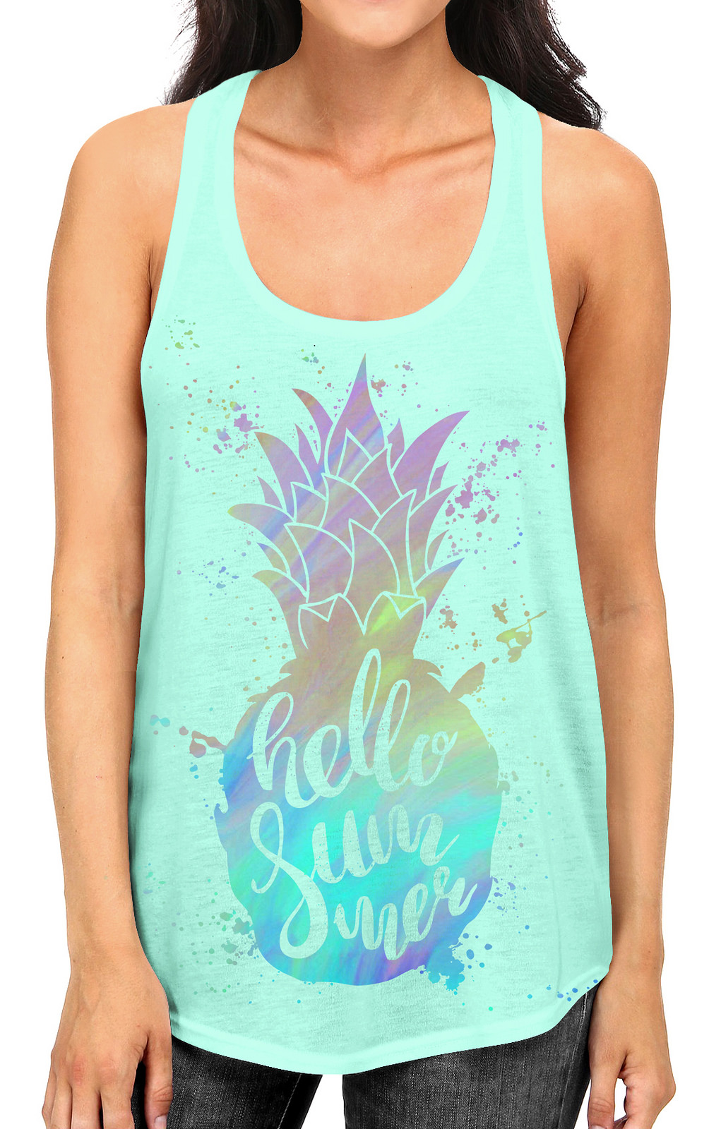 Junior S Hello Summer Pineapple Tee B968 PLY Mint Green Racerback Tank Top Large